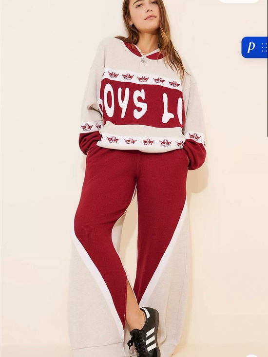 Boys Lie Pants - Boys Lie Wide Leg Colorblock Knit Pants in Burgundy and Cream